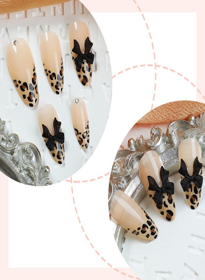 SINHOT Almond Press on Nails Medium Fake Nails Glossy Glue on Nails Leopard Print Acrylic Nails 3D Bowknot Stiletto Artificial Nails French Tip Stick on False Nails with Design 24 pcs - Image 5